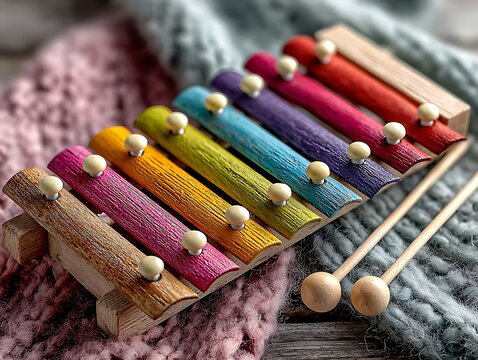 Vibrant xylophone with mallets invites musical exploration and joyful learning for kids, perfect for childhood education materials and playful designs