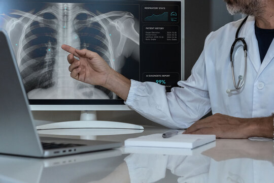 Medical professional using AI technology to analyze patient's respiratory stats and X-ray