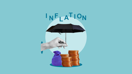 Financial Protection Concept - Hand Holding Umbrella Over Coins and Money Bag, Inflation Risk...