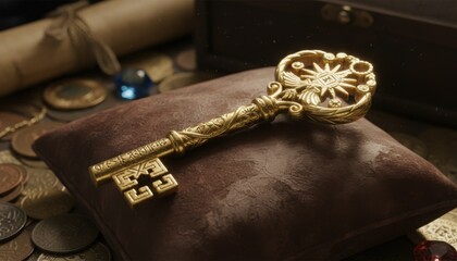 ornate antique gold key on cushion suggesting heritage treasure mystery and cultural storytelling