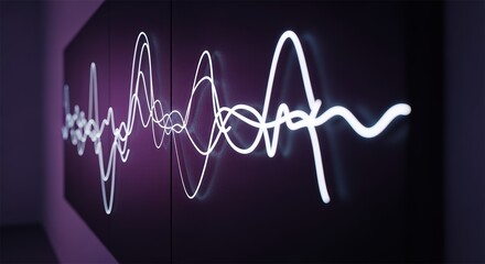 A glowing white sound wave graphic is displayed on a dark purple screen, representing audio frequencies and digital signals.
