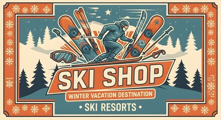 Naklejka premium Retro ski poster featuring vintage ski, pole, boot, mountain and pine silhouettes promoting ski shop and winter vacation nostalgia.