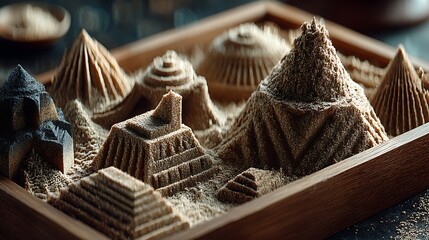 Intricate sand art landscape evokes peace and tranquility, ideal for mindfulness and meditation promotion, inspiring creative expression and inner calm