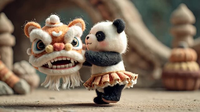 Panda holding lion head puppet toy decorative ornament festive holiday concept
