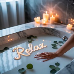 Woman s hand reaching for a neon relax sign in a candlelit bathtub