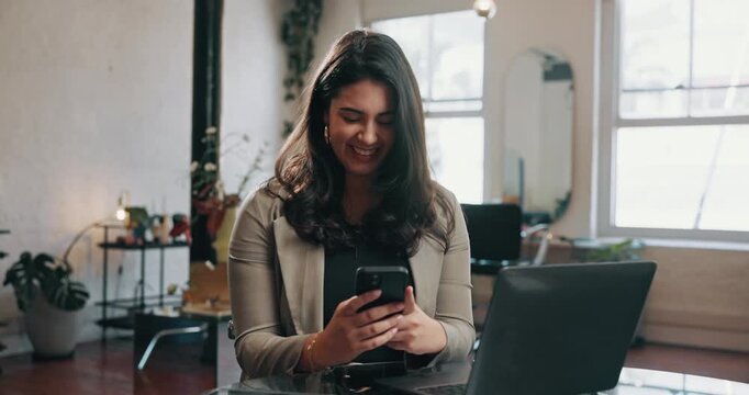Woman, laptop or phone in hair salon with smile for text message, customer feedback or online chat. Happy, person and computer with tech in hairdresser for good review, client email and satisfaction.