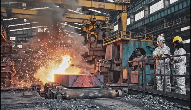 A male and female engineer in protective workwear control the technological process where a white-hot metal billet moves along a system of rollers