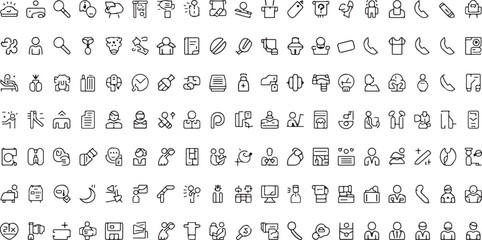 A comprehensive set of simple line art icons representing people business and communication elements on a white background Keywords: people man woman person user profile avatar business finance