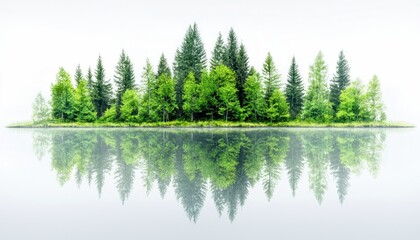 A vibrant line of diverse green trees stands along the edge of a calm body of water, their reflections creating a symmetrical mirror image. The background is a