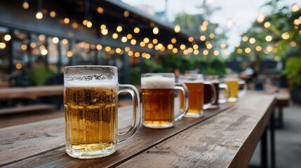 Row of frosty craft beer mugs on rustic wooden table in outdoor beer garden with warm string lights at dusk, concept of friendly social nightlife