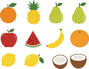 Fruit cartoon vector set, orange, pineapple, pear, apple, banana, lemon, coconut, watermelon, flat illustration, side view, nutrition concept