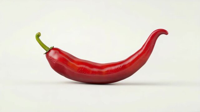 A single red chili pepper with a curved shape, sitting against a plain white backdrop.
