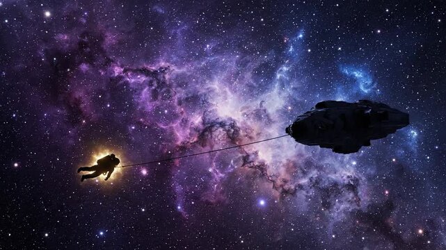 Astronaut floating in space connected to alien spacecraft against stellar background
