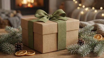 Cozy christmas gift with green ribbon showing sustainability and happy eco friendly holiday spirit at home