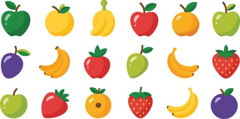 Fruit cartoon vector set, colorful healthy food icons, banana, apple, strawberry, peach, plum, grapes, flat illustration, side view, nutrition concept