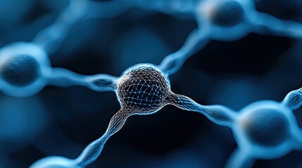 A close-up, abstract 3D render of a molecular structure resembling a neural network. The interconnected nodes and pathways glow with a soft blue light against a
