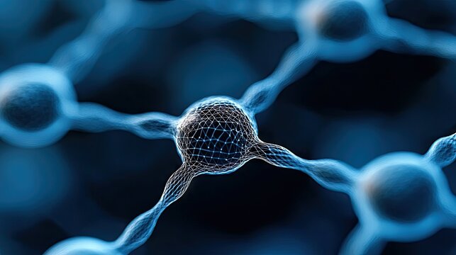 A close-up, abstract 3D render of a molecular structure resembling a neural network. The interconnected nodes and pathways glow with a soft blue light against a - Powered by Adobe