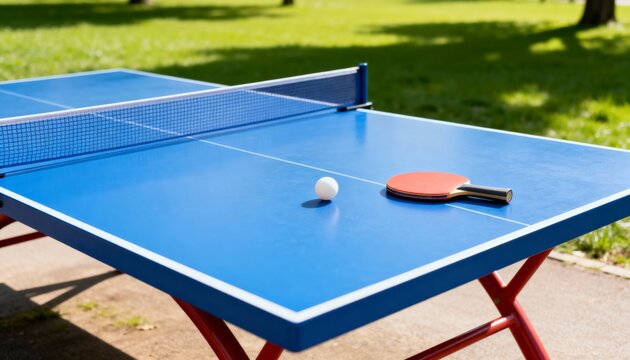 Outdoor ping pong table with red paddle and white ball awaits a game on sunny day
