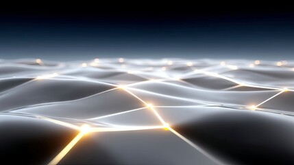 An abstract digital network with glowing nodes connected by lines, set against a dark blue background. The surface beneath is wavy and reflective.