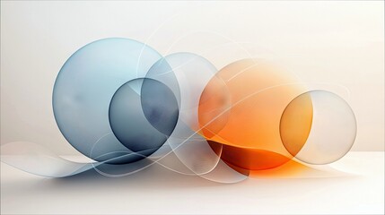 A composition of translucent spheres in blue and orange hues, intertwined with delicate white wavy lines, set against a soft, neutral background with subtle lig