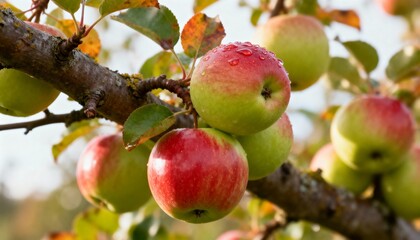 Obraz premium Ripe red and green apple hanging on a tree branch with fresh water droplets after rain, autumn foliage, and soft natural light, close-up macro shot