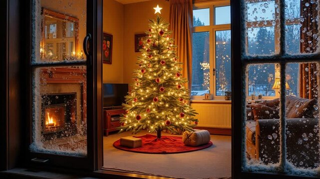 Experience the magic of Christmas indoors, sparkling lights on a grand tree viewed through a frost kissed window, a warm holiday ambiance