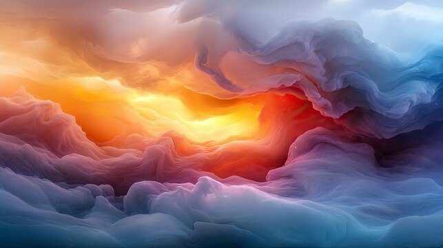 An abstract visualization of swirling clouds in vibrant colors. Fiery orange and yellow hues blend with soft blues and purples, creating a dynamic and ethereal