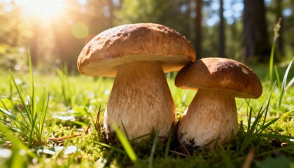 Sun-drenched boletus mushroom in lush green grass, warm golden hour light, macro forest floor detail, nature's bounty, autumn harvest, organic food ingredient, serene woodland setting.