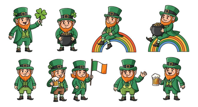 Cheerful Leprechaun Character Set, Celebrating St. Patrick's Day with Lucky Irish Symbols