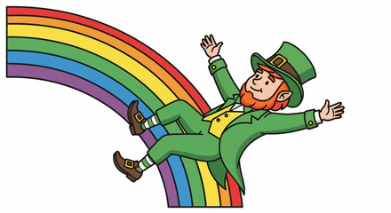 Happy Leprechaun Sliding Down a Colorful Rainbow - Festive St. Patrick's Day Illustration
