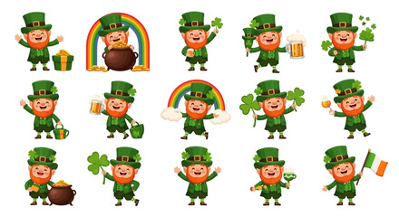 Set of Leprechauns Celebrating St. Patrick's Day with Beer, Clover, Rainbows and Irish Flags