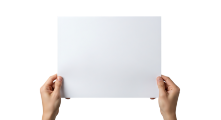 Two hands, holding a blank white sheet of paper with a plain background, isolated on white or transparent background. PNG