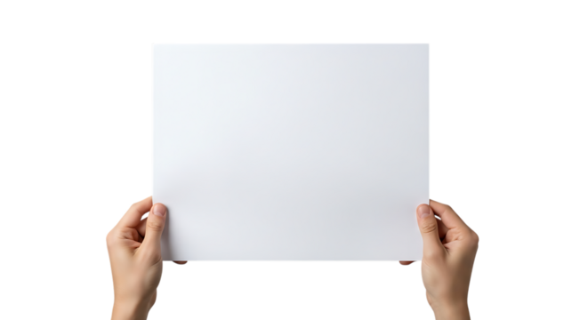 Two hands, holding a blank white sheet of paper with a plain background, isolated on white or transparent background. PNG