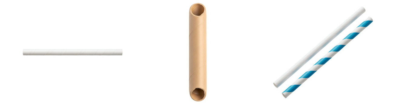Three different straws: a white one, a wooden one, and a white and blue striped straw isolated on transparent background