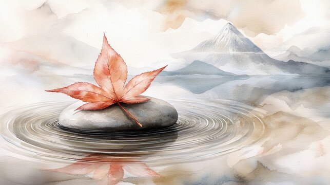 A single red maple leaf rests on a smooth grey stone in calm water, creating ripples. In the background, misty mountains are reflected in the lake under a soft