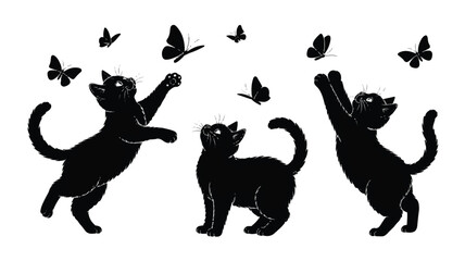 A black and white silhouette illustration of three black cats playing with butterflies.  