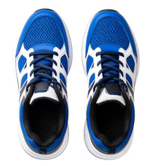 top view of pair of blue white sneakers isolated on white