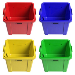 set of top view of open trash bin without lid in four colors isolated on white