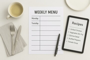 Weekly meal plan with recipe tablet and coffee cup, suitable for healthy eating