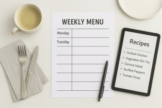 Weekly meal plan with recipe tablet and coffee cup, suitable for healthy eating