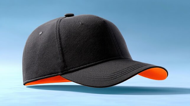 A black baseball cap with an orange lining is shown in a studio setting against a clean, light blue background. The cap is angled, highlighting its texture and