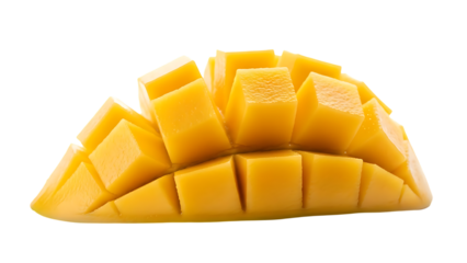 Sliced mango half with diced yellow flesh Keywords: mango, fruit, tropical, food, sweet, ripe