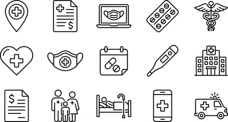 Medical and Healthcare Outline Icons Set: Hospital, Prescription, Insurance, Telemedicine, and Patient Care Vector Collection