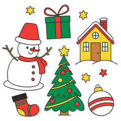 Cute Christmas Illustration Set with Snowman and Tree