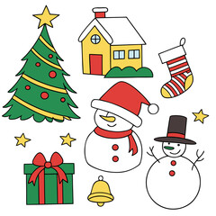 Cute Christmas Illustration Set with Snowman and Tree