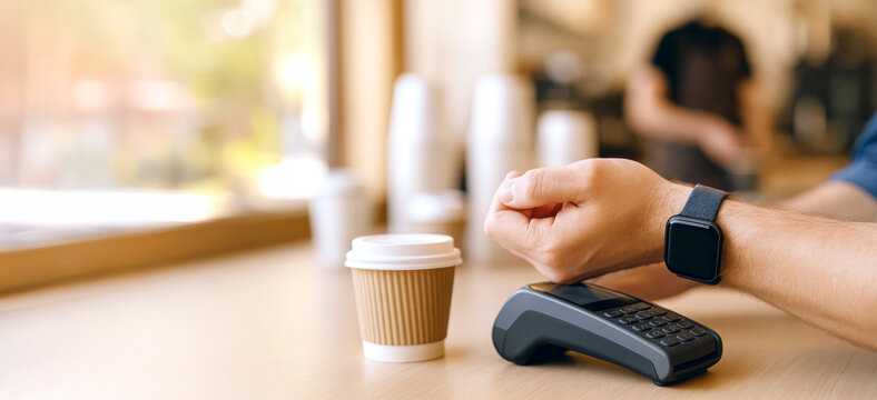 Man making payment with smartwatch at coffee shop, technology and modern transaction