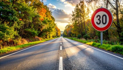 Autumn road with 30 km/h speed limit sign under partly cloudy sky and golden foliage