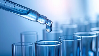 Close-up of pipette releasing droplet into glass test tube with clear liquid in clinical lab setting