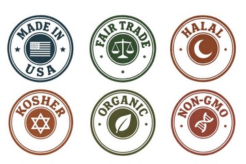 Food label sticker set showcasing various certifications and standards