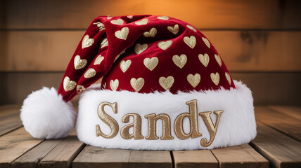 Illustration of personalized christmas santa hat with name sandy on wood